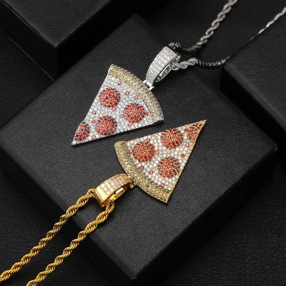 TOPGRILLZ Iced Out Pizza Pendant Necklace Copper Gold Silver Color Micro Paved Cubic Zircon Hip Hop Jewelry Gift For Men 250109
