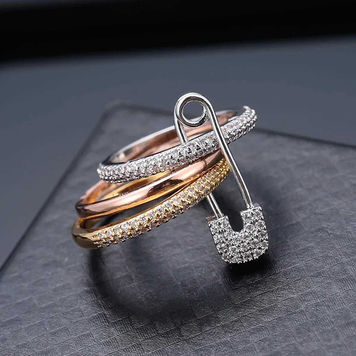 Pin Ring Three Layer Zircon Series Hip Hop Style Stainless Steel New Year Gift Party Jewelry Ring W250109