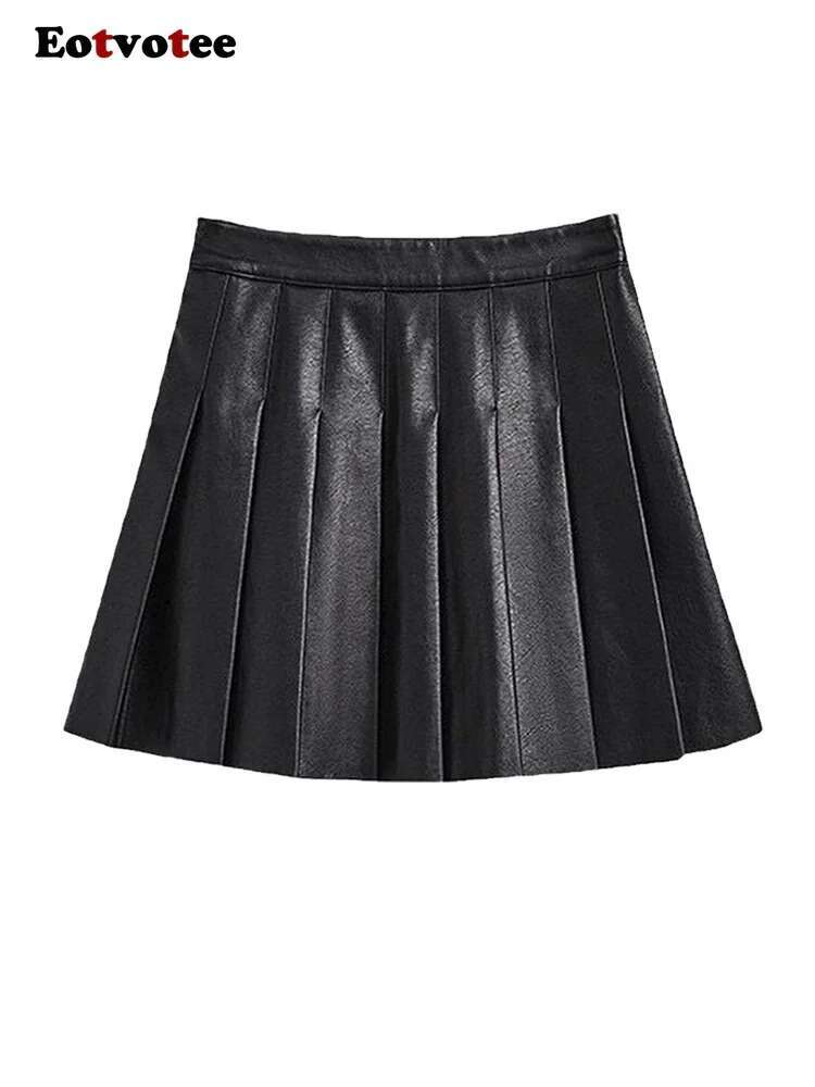 Streetwear Fashion Solid Women Casual High Waist Pleated A E 2024 New Autumn Winter Leather Short Skirt