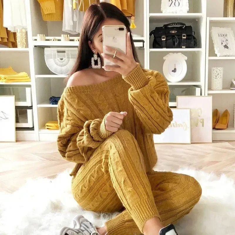 Autumn Winter Women Knitted Tracksuit Two Piece Set Female Sweater Tops Elastic Waist Pant Suit Outfits 250106