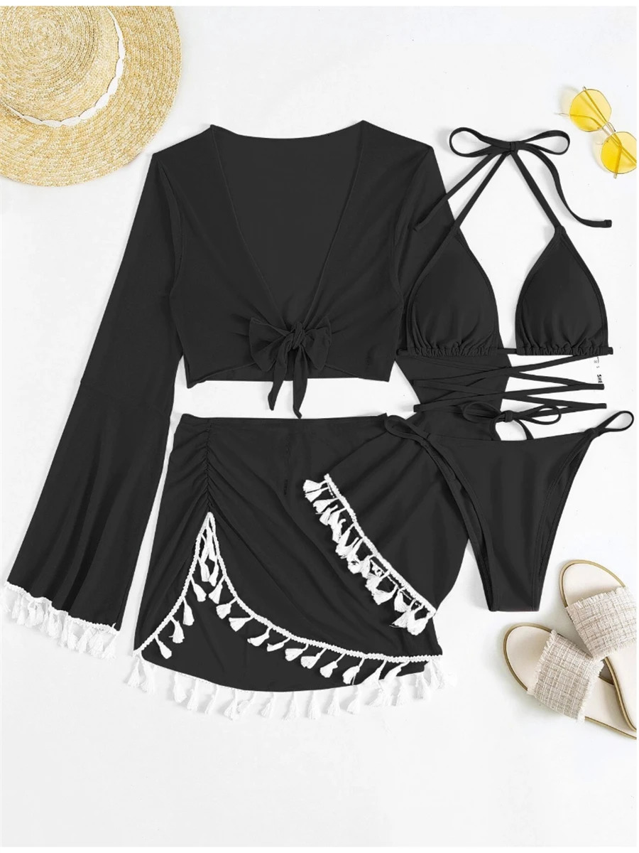 Sexy 4 Pieces Halter Bikinis Women Solid Swimwear Female Cover Up Swimsuit Long Sleeve And Skirt Bathing Suit Beachwear Summer250107