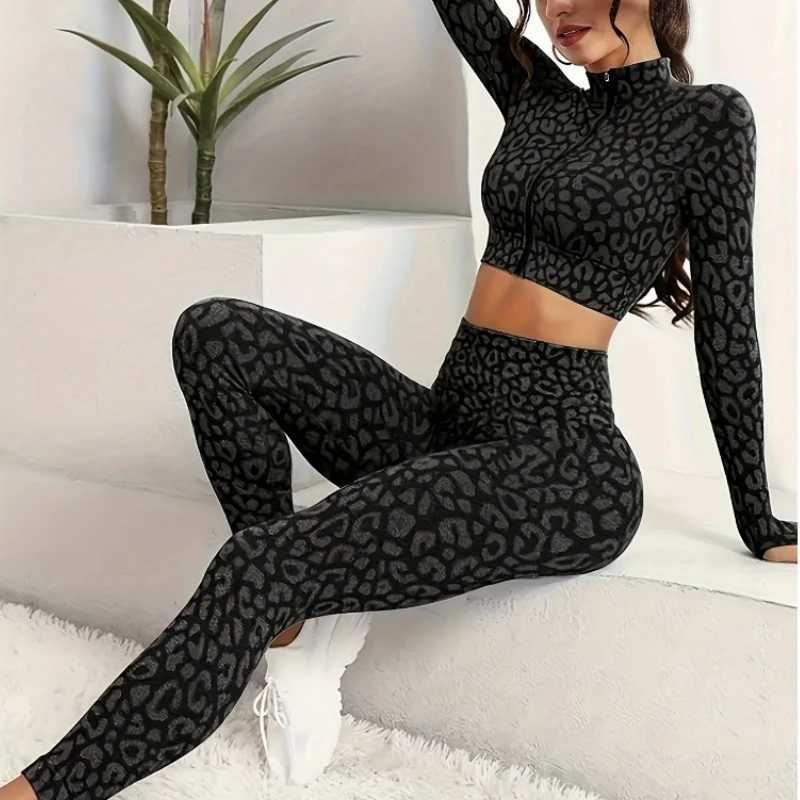 Womens Leopard Print Yoga Suit 2-Piece Athletic Set High Waist Leggings and Crop Top Stretchy Sportswear Quick-Dry FitnessXJ250109