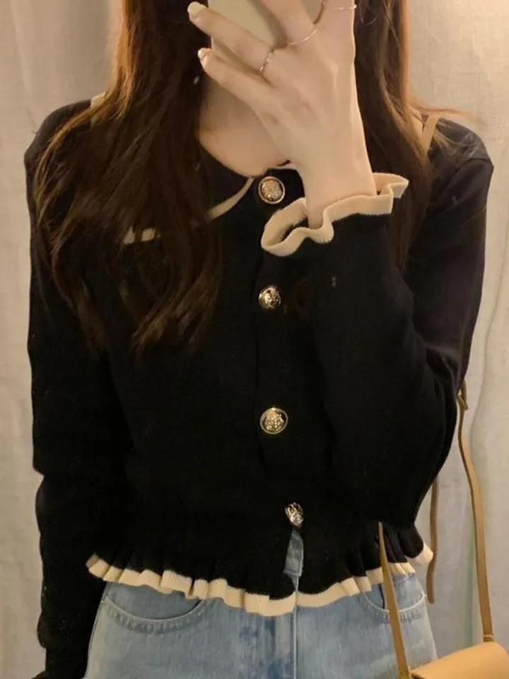 Jmprs Ruffles Sweet Cardigan Sweaters Women Fashion Slim Long Sleeve Knitted Short Coat Elegant Patchwork Korean Lady Black Tops 250108