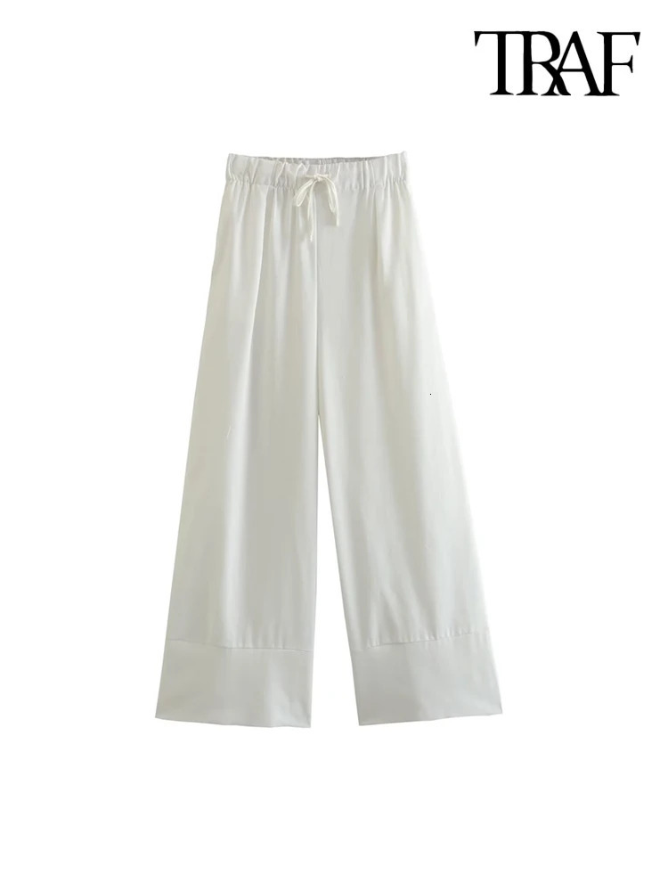 TRAF Women Fashion With Pocket Loose Linen Shirts And High Elastic Waist Wide Leg Pants Female Two Piece Sets Mujer 250106