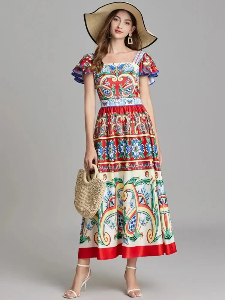 Women Square Collar Flying Sleeve Elegant Backless Long Dress Summer Rumway Fashion Flower Print High Waist Beach Party Vestidos 250106