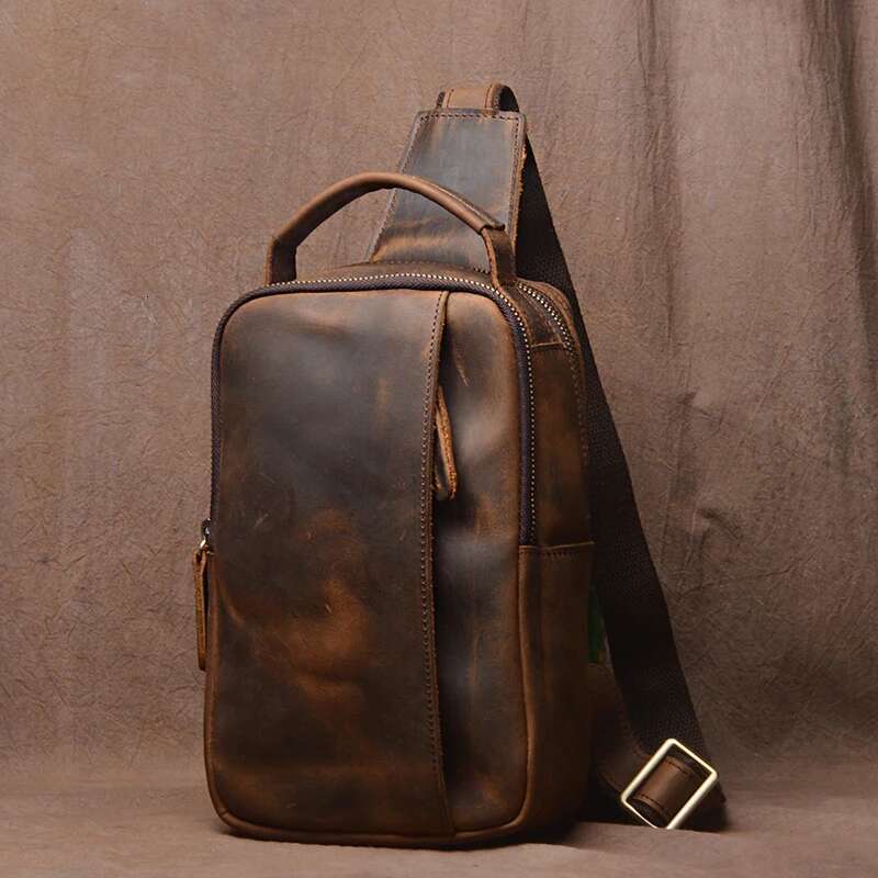 Vintage Bag Crazy Horse Leather Men Handbag Sg Chest Day Pack Back Cross Body Shoulder Casual Bags