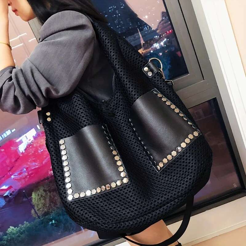 Retro Mesh Handbag Capacity Fashion Black Shoulder Punk Style Rivet Stray Large Women's Bag