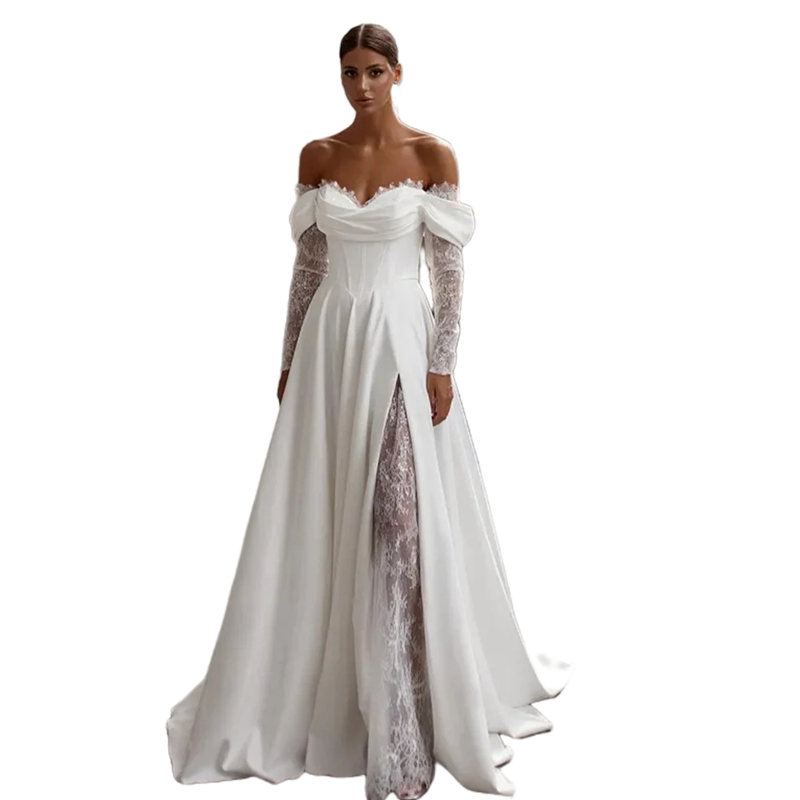 Off Shoulder Beach Wedding Dresses Illusion Side Split Lace Long Sleeves A-Line Simple Boho Bridal Gowns Sweetheart 2025 White Ivory Bride Dress Back 