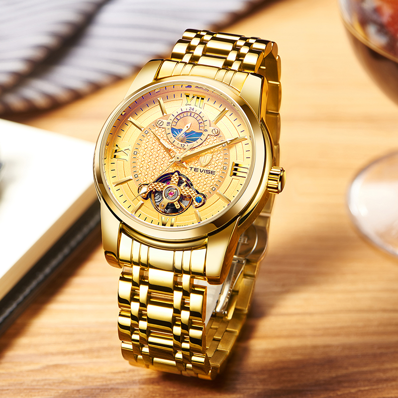 TEVISE Luxury Watches Mens Automatic Mechanical Transparent-back Waterproof Movement Watch WristWatch T047-T805D