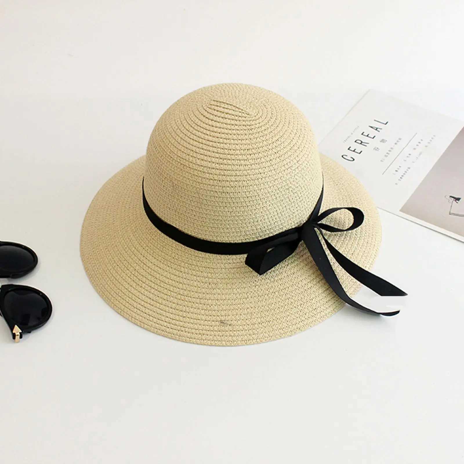 The paradigm of woven straw hat text in spring and summer beach wide bow sun hat noble style sun hat X250109