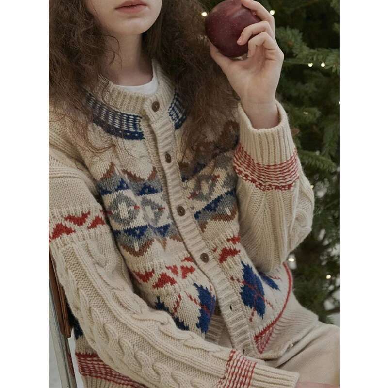 Vintage Argyle Knitted Cardigan Women Christmas Print Sweater Outerwear Winter Aesthetic Knitwear Korean Long Sleeve Jumpers New