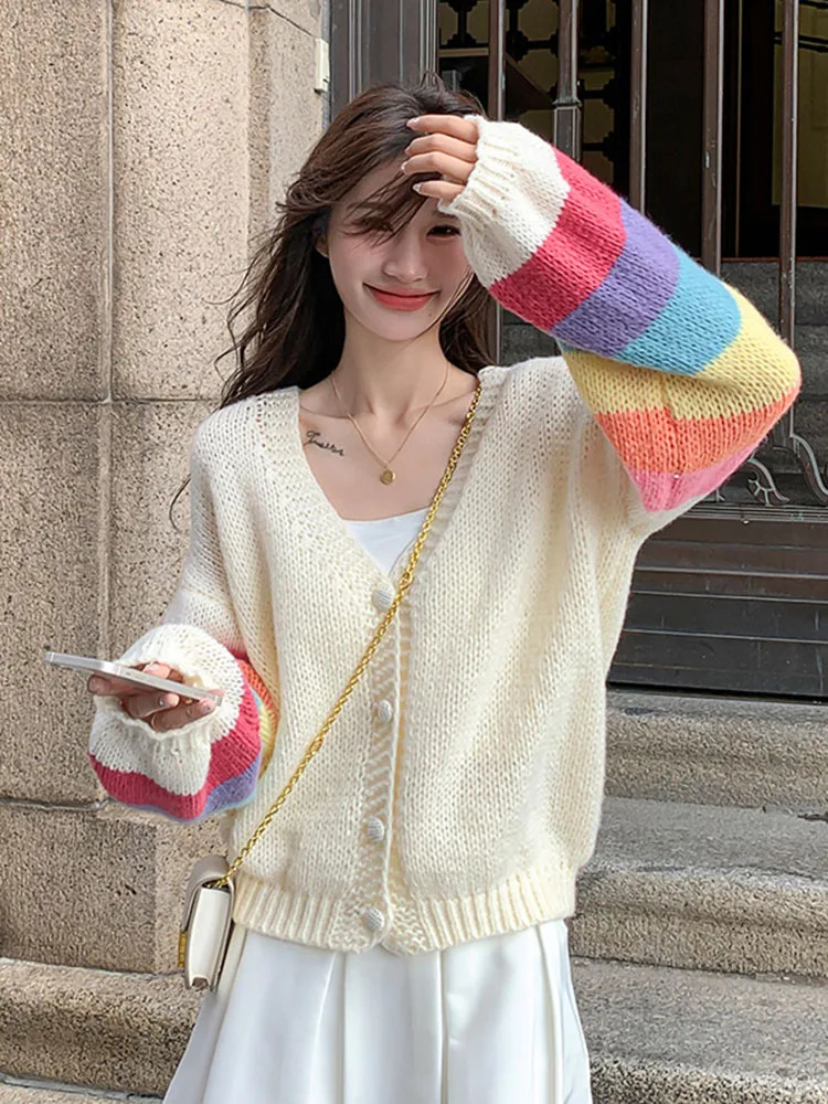 Fashion Rainbow Sweet Cardigan Sweaters Women Casual Lazy Wind Korean Knitted Coat Chic V Neck Loose Long Sleeve Tops Outwear 250108