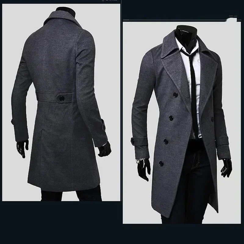 Men Double Breasted Trench Coat 2024 Autumn Winter Wool Blend High Quality Fashion Casual Slim Fit Solid Color Male Jacket 250106