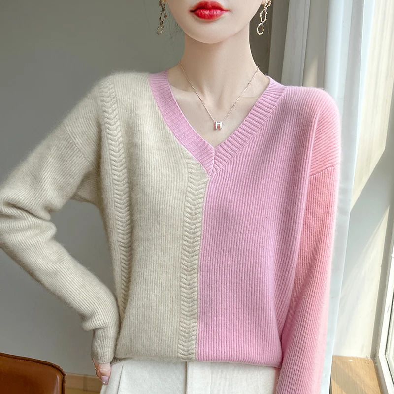 Autumn and Winter Womens Vneck ColorBlock Sweater Comfortable Warm 100% Pure Wool Loose Pullover Top 250108