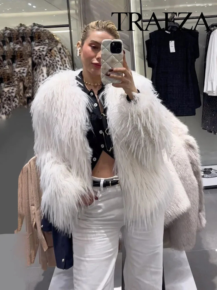 TRAFZA 2024 Womens Winter Street Short Faux Fur Casual Jacket Fashion Solid Color ONeck Long Sleeve Loose Thick 250103