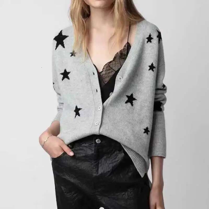 100% Cashmere Women Long Sleeve V-Neck Autumn Winter Stars Jacquard Knitted Cardigan Female