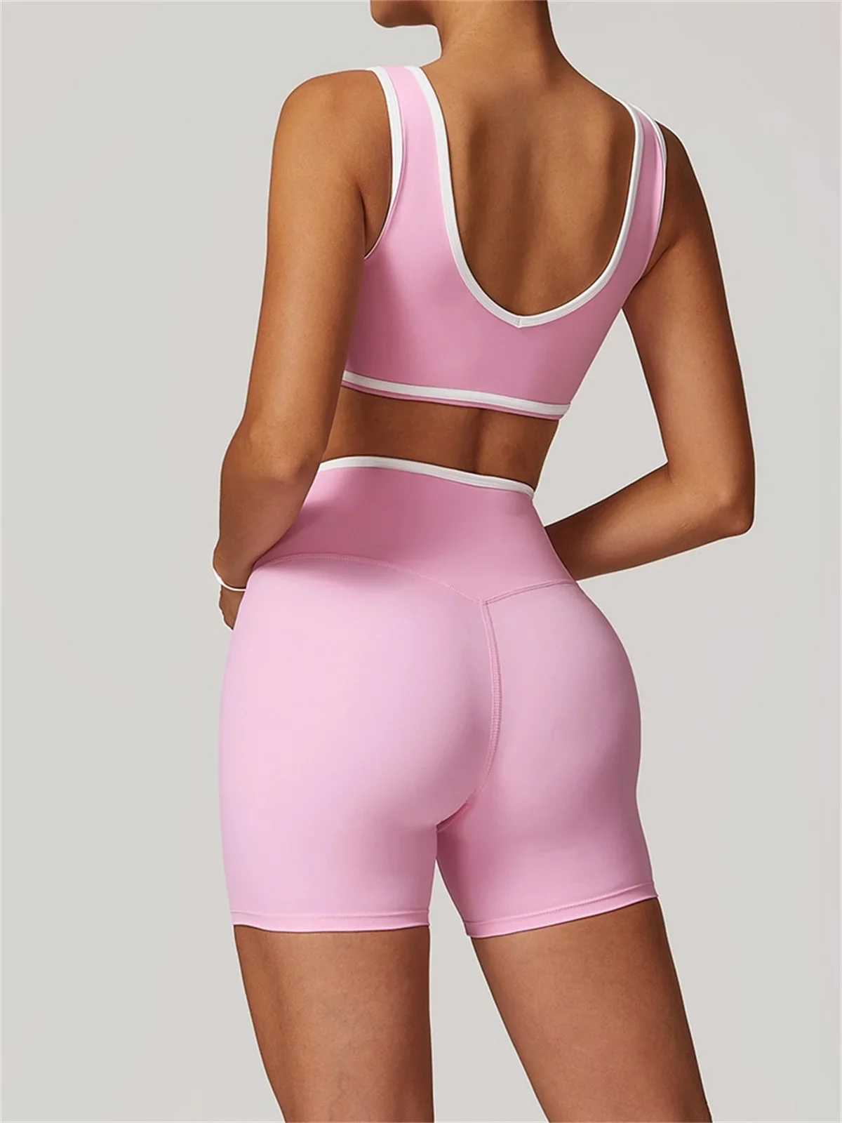 Scrunch Yoga Short Set Women Pink Contrast Padded Bra Crop Top Cross High Waist Sports Pants Fitness Gym Suit TracksuitXJ250109