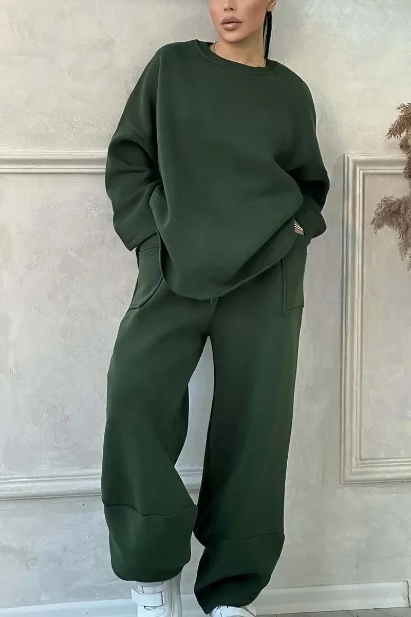 Two Piece Pant Sets Women Full Sleeve Sweatshirts Round Neck Straight Long Pants Suits Solid Spliced Thick Autumn Winter 250106