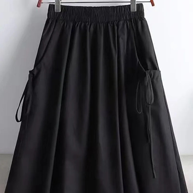 Solid Elastic Waist Drawstring Skirt Women Spring Summer Streetwear Thin AllMatch ALine Skirts Woman Lazy Style Loose 250106