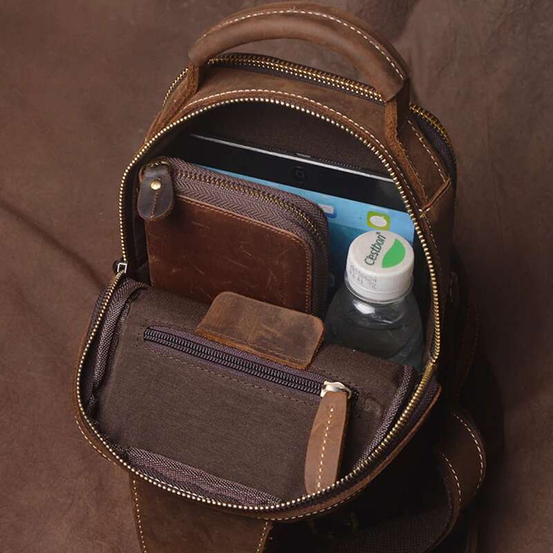 Vintage Bag Crazy Horse Leather Men Handbag Sg Chest Day Pack Back Cross Body Shoulder Casual Bags