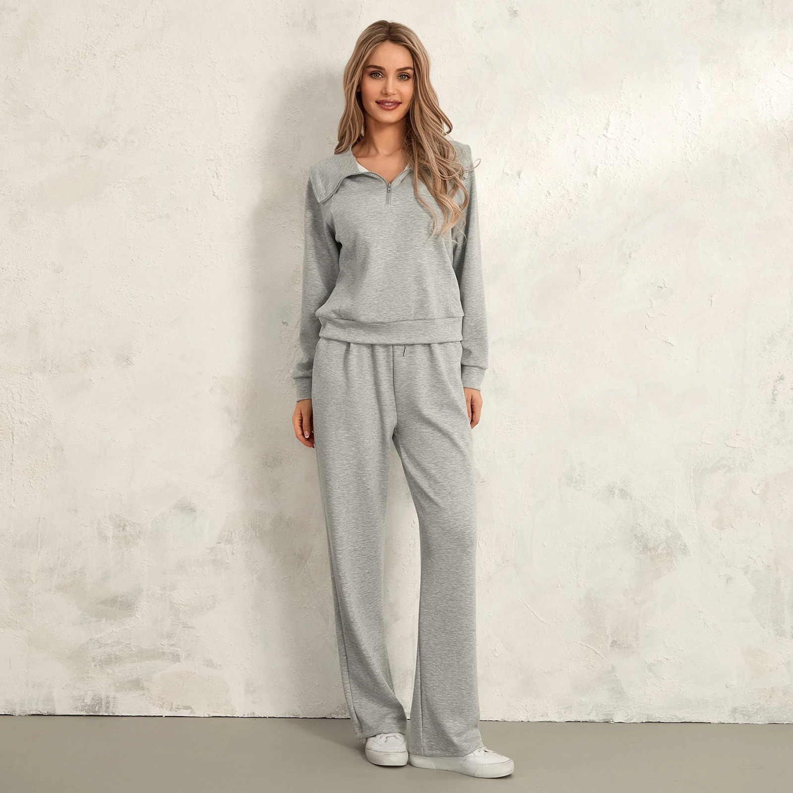 Women 2 Piece Running Sets Autumn Long Sleeve Lapel Half Zipper Sweatshirt and Drawstring Sweatpants Activewear Workout Outfits 250106