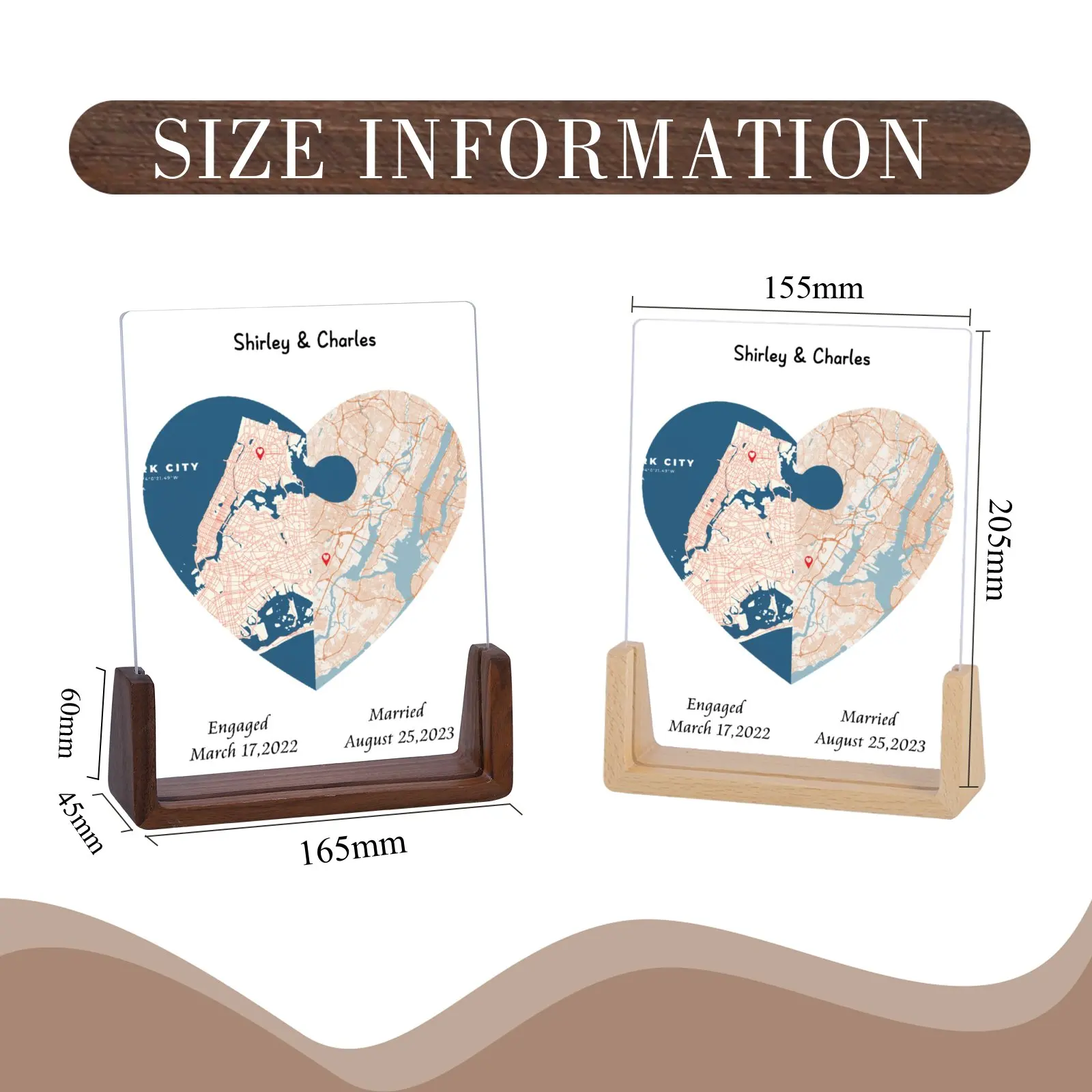 Customized Heart Shape Map Photo Personalized Couple Two Locations Picture Frame Bedroom Desktop Decoration Gift for Lover H260306