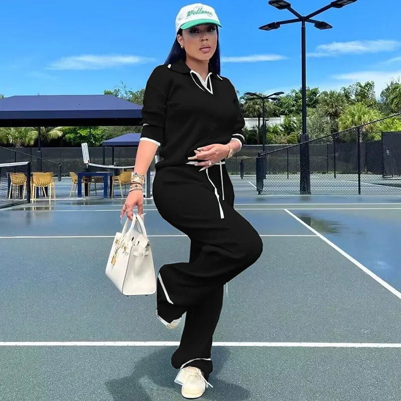 Active Wear Knitted Casual Tracksuit for Women Two Piece Set Sporty Fitness Striped Sweater Top and Wide Leg Pants Jogging Femme 250106
