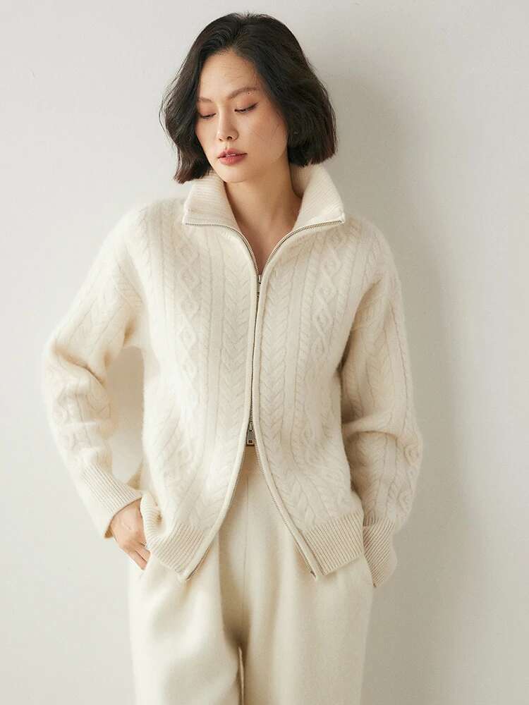 Heavyweight Women 100% Sweater Cable Knitting Cardigan Vintage Style Thick Cashmere Knitwear Autumn Winter Tops
