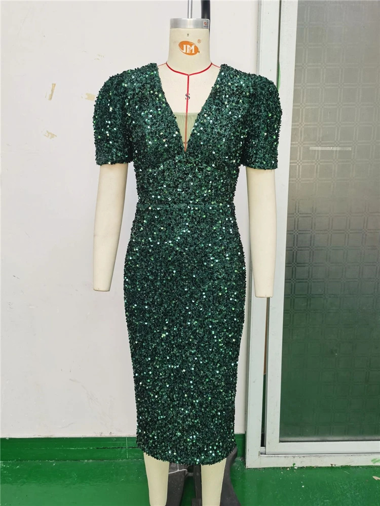 iDress Real Po Women Clothing Elegant Green Sequin Dress Sexy V Neck ner Runway Birthday for Party Dresses 250106