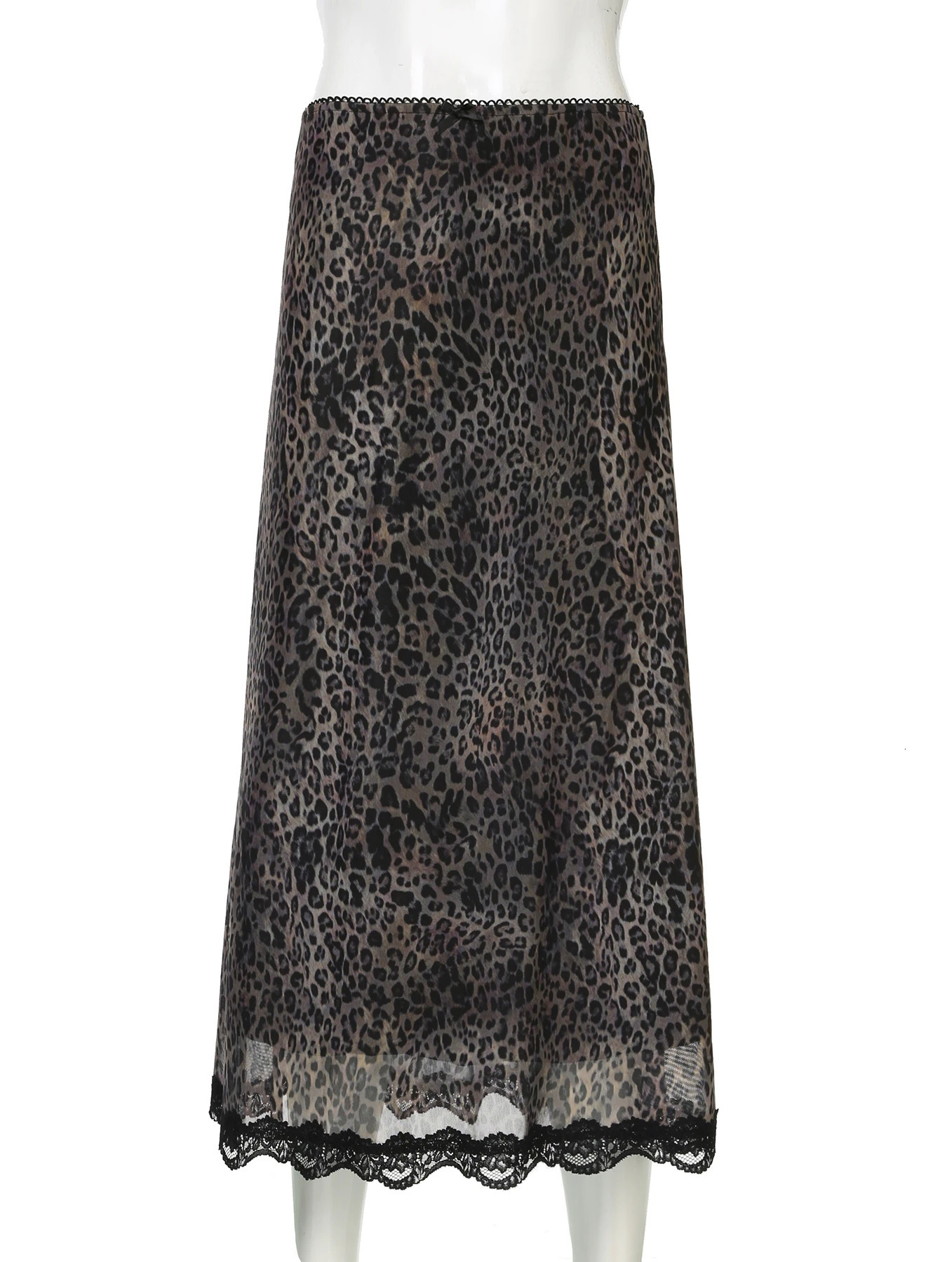 Rockmore Gothic Leopard Print Patchwork Lace Long Skirts Vintage Streetwear Y2K Straight Lady Harajuku Fashion Aesthetic 250106