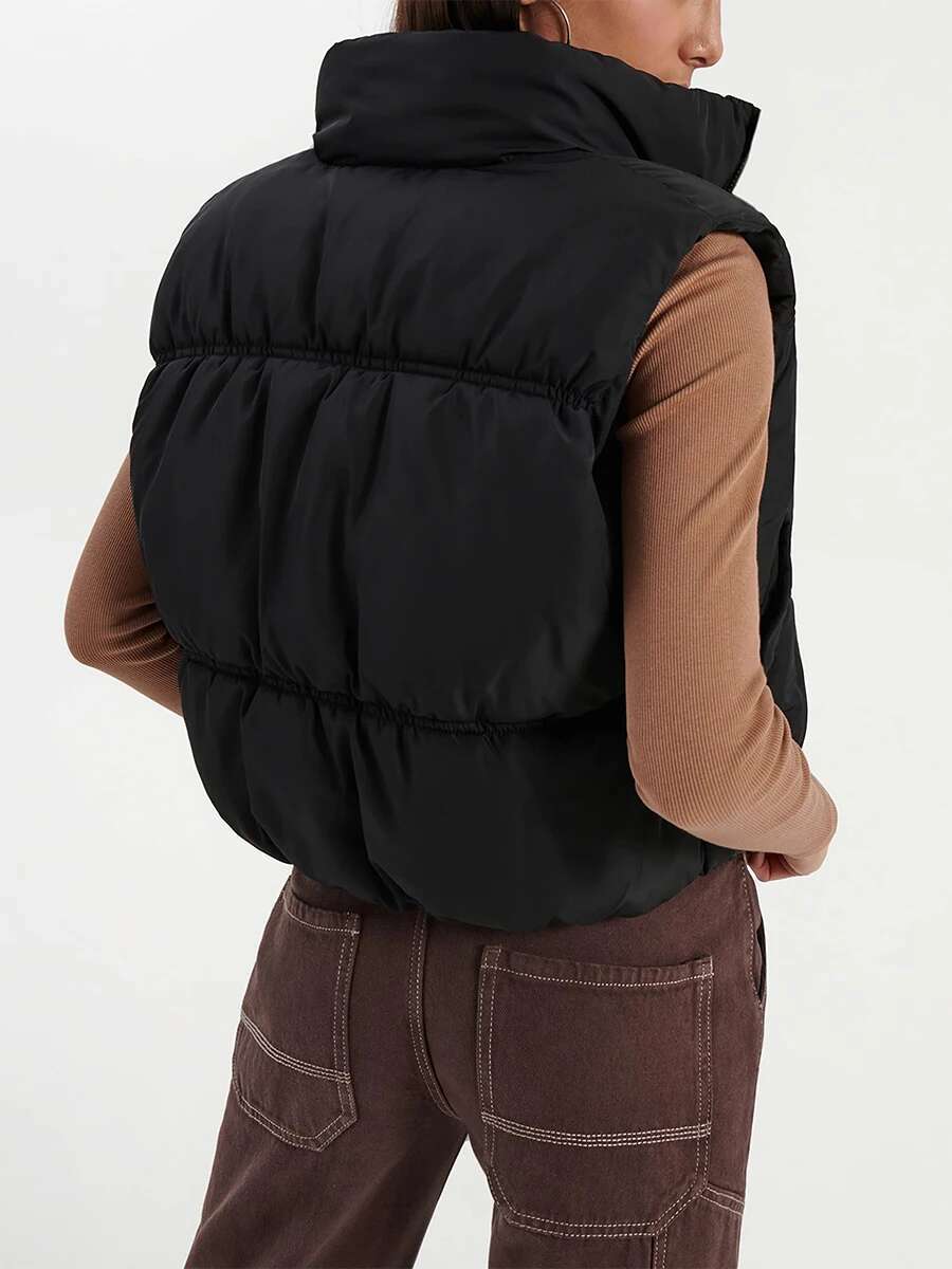 Women's Winter Quilted Vest Solid Color Lightweight Zipper Stand Up Collar Warm Jacket Fashionable Sleeveless Designer Jacket