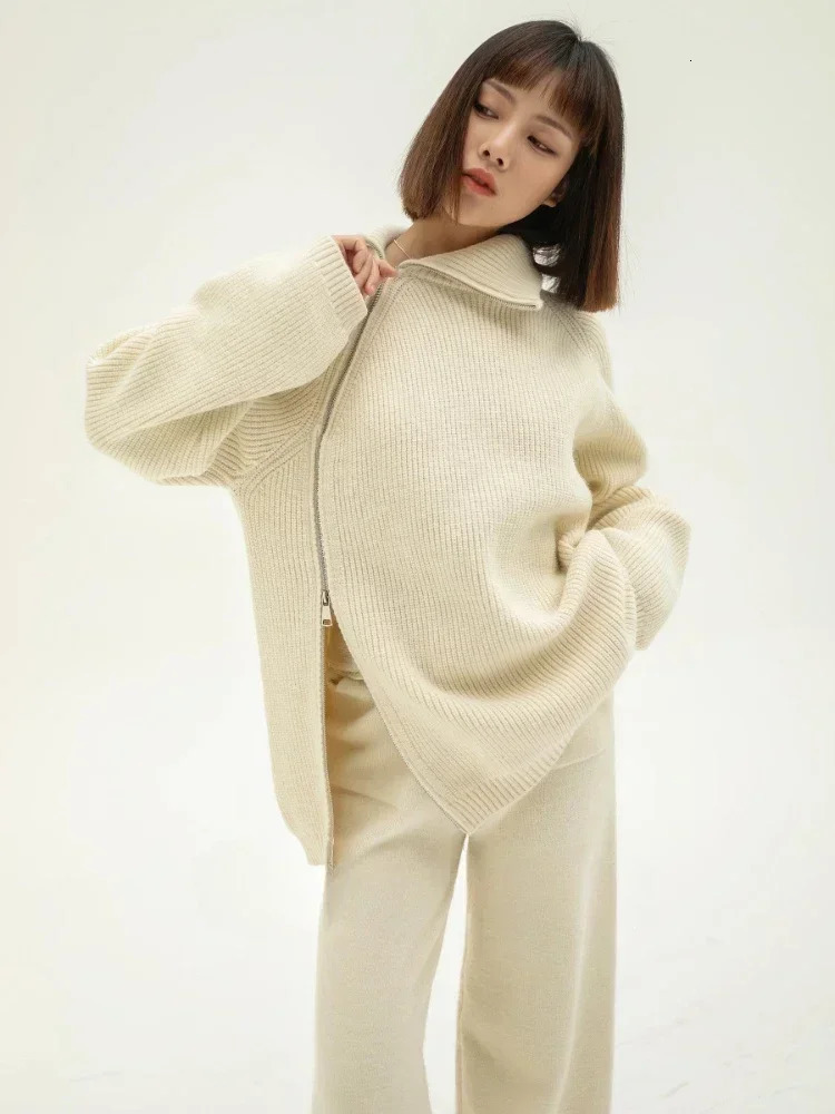 Autumn Knitted Two Piece Set Women Zipper Sweaters and Wideleg Pants Suit Solid Highneck Pullover Sets for 2 Pieces 250106