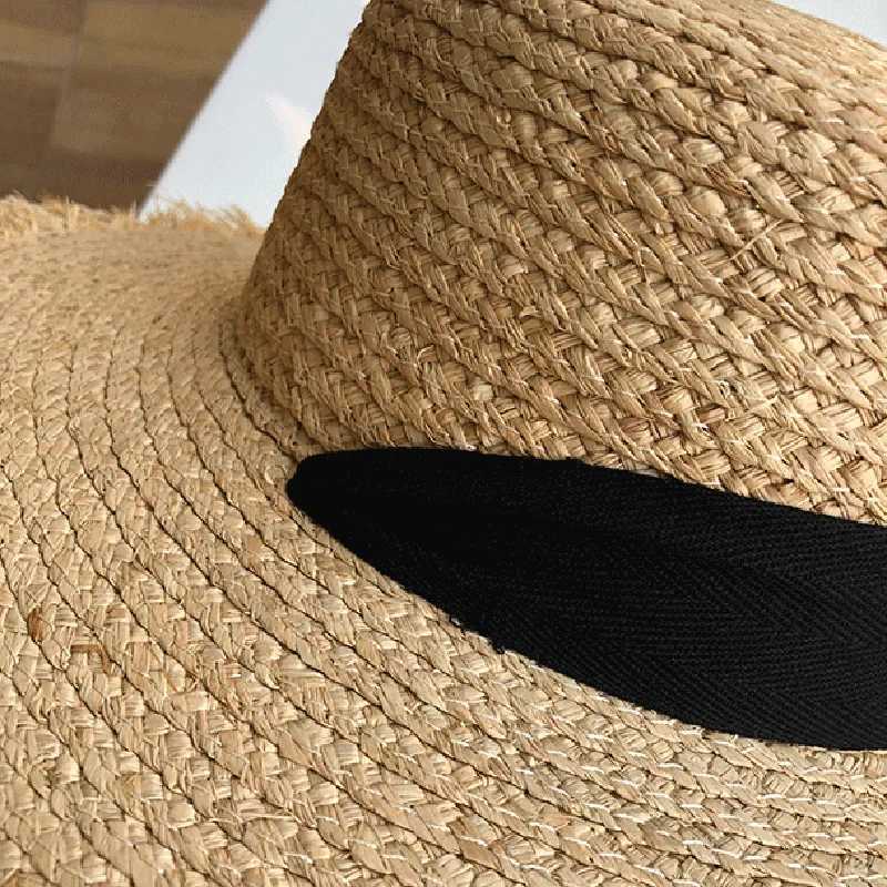 Straw Hat Wide Brown Sunscreen Beach Hat Black and White Ribbon Bow Straw Hat Casual Ladies Flat Top Panama Hat X250109