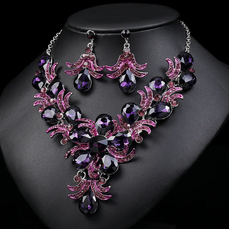 Purple Jewelry Set Wholesale Wedding Accessories y Crystal Rhinestone Flower Statement Earrings and Necklace for Women 250109
