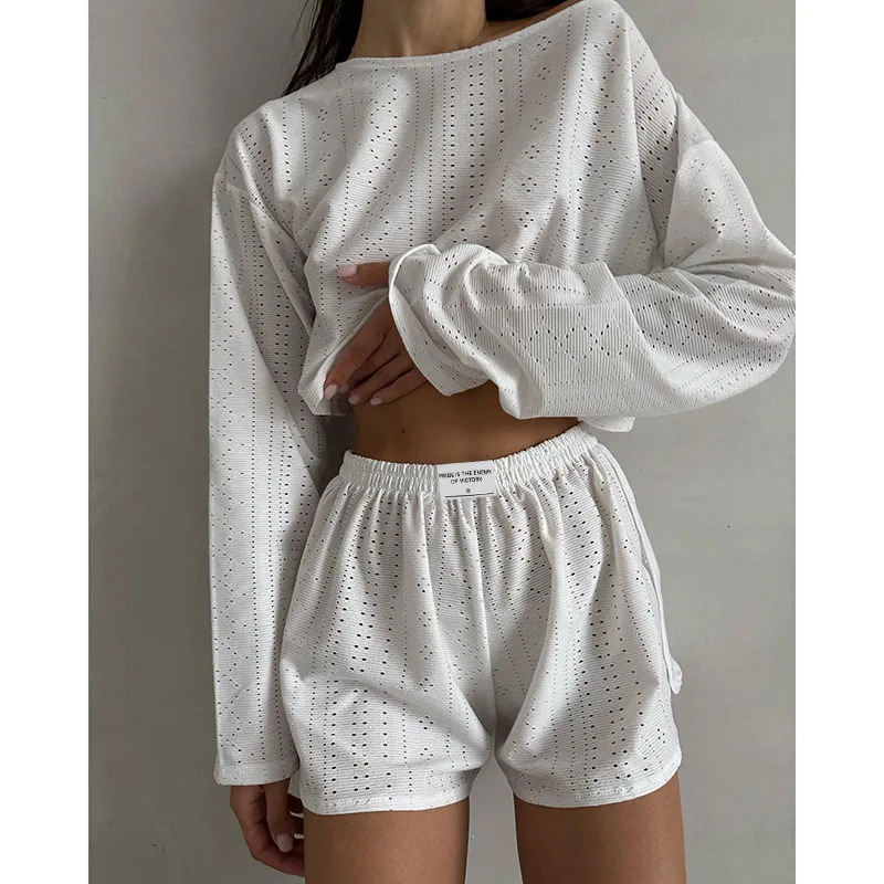 Womens Pajamas Set Spring Long Sleeve Tops With Shorts Sleepwear 2 Piece Loose Round Neck Home Wear Loungewear Pyjama Femme 250106