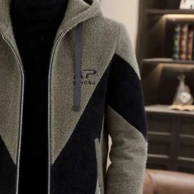 Man Coat Lamb Wool Jacket Elegant Office Store Winter Outwear Hooded Windbreaker Color Blocked Loose Thicken Warmth Top Trend 250106