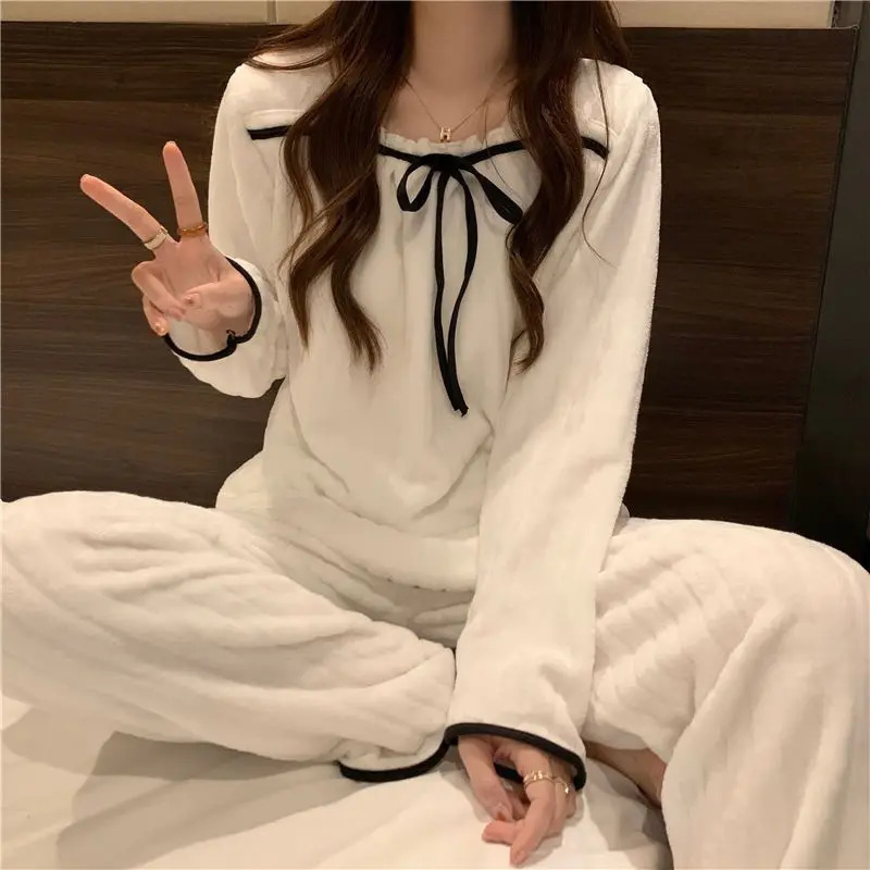 Coral Fleece Pajamas Sets for Women Autumn Winter Thick Warm Sweet Long Sleeve Sleepwear Nightgown Pijama Suit Mujer Homewear 250106