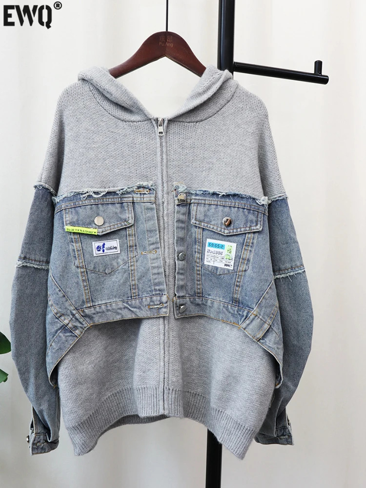 EWQ Denim Patchwork Cardigan Coat Women Long Sleeve Hooded Loose Letter Patch Sweater Jacket Autumn Winter 16U3893 250108