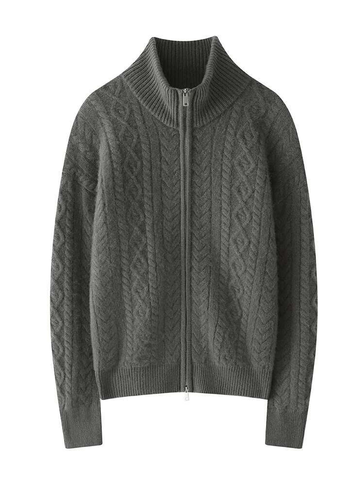 Heavyweight Women 100% Sweater Cable Knitting Cardigan Vintage Style Thick Cashmere Knitwear Autumn Winter Tops