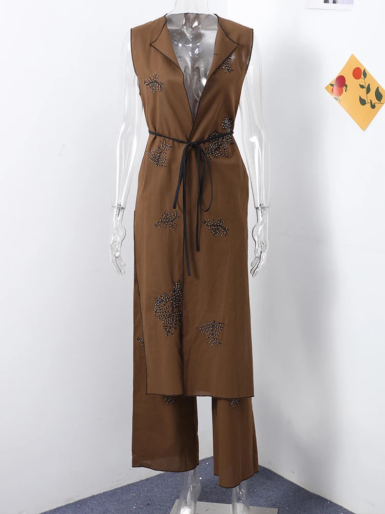 Beaded Embroidery Long Vests Pants Sets Women Sleeveless Glitter Split Tank Tops Wide Leg Trousers Suits Female Outfits Lined 250109
