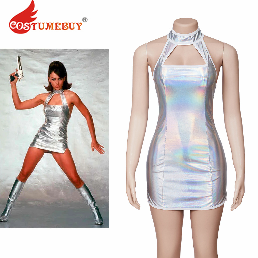 Austin Powers Elizabeth Hurley Cosplay Costume Sexy Female Vanessa Kensington Silver Strappy Halter Slim Mini Dress forHalloween