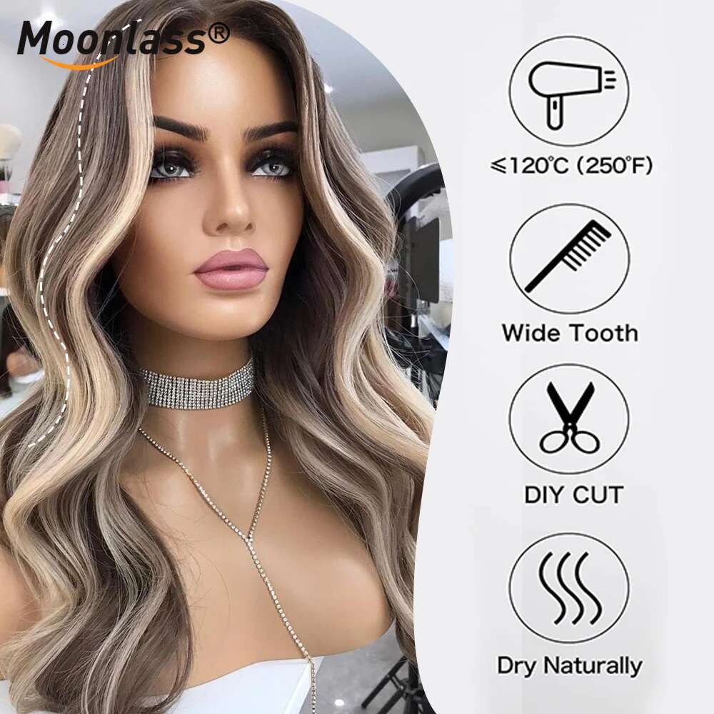 Moonlass Highlight Brown Body Wave 100% Real Human Wig 13x6 Lace Front Remy 210% Density Salon Hair Coloring Wigs