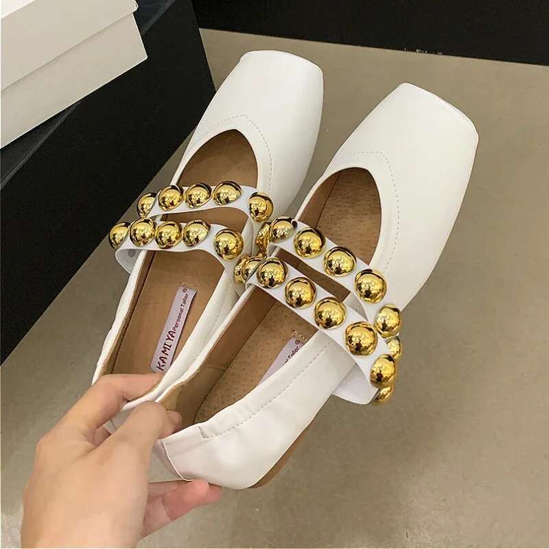 Rivet Designer Mary Jane Flat Retro Shallow Comfort Fashion Dress Shoe New Square Toe Soft Soled Brand Ballet Shoes