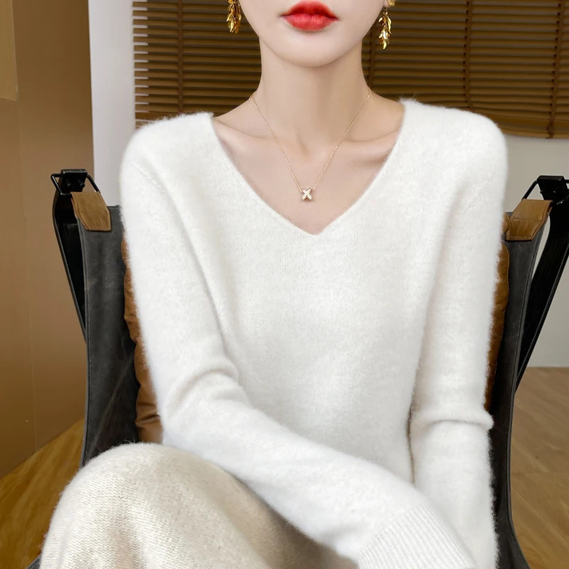 Fashion Pullover 100% Merino Wool Women Sweater VNeck Long Sleeve Basic Jumper Spring Autumn Winter Clothing Knitwear Tops 250108