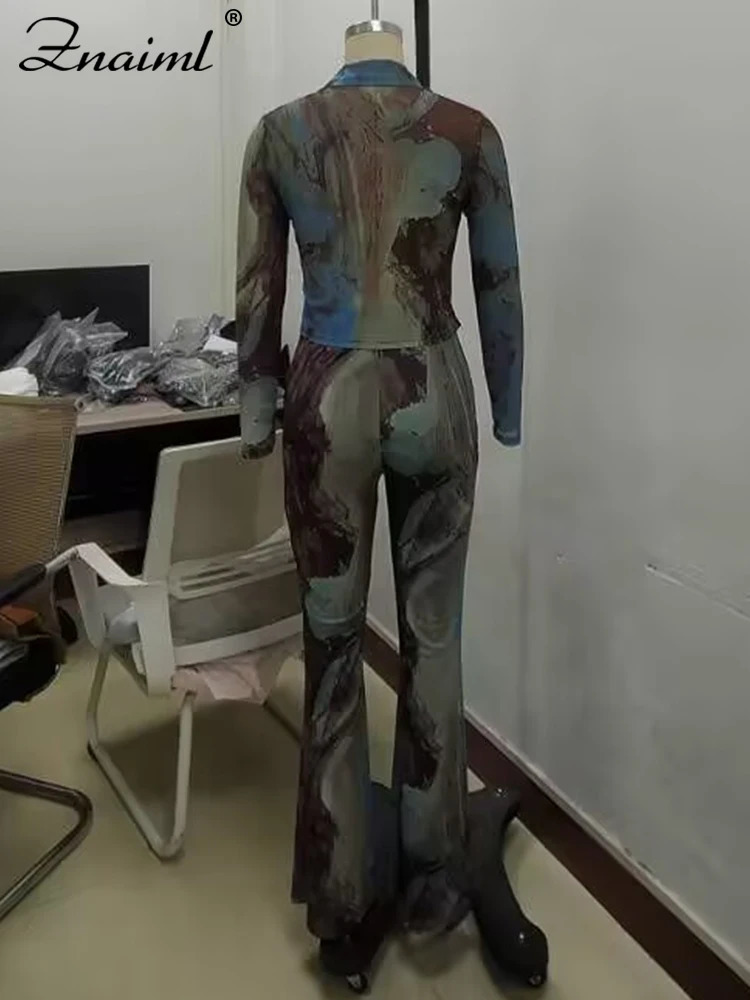 Znaiml Elegant Mesh Tie Tye Print Full Sleeve Single Breasted Shirts Tops and Flare Pants Two 2 Piece Matching Sets Women Outfit 250106