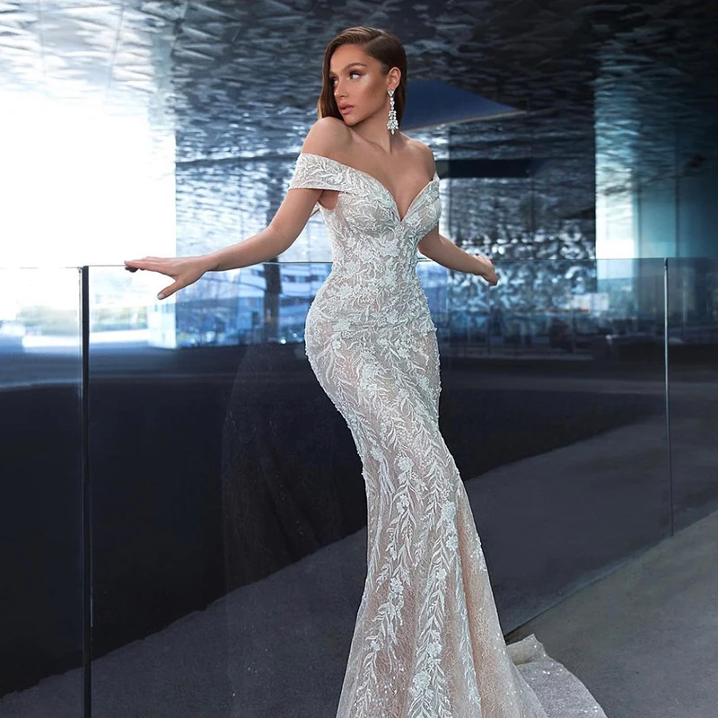 Mermaid Wedding Dress Off Shoulder Sleeveless Sequins Appliques Detachable Train Custom 2024 Bridal Gown