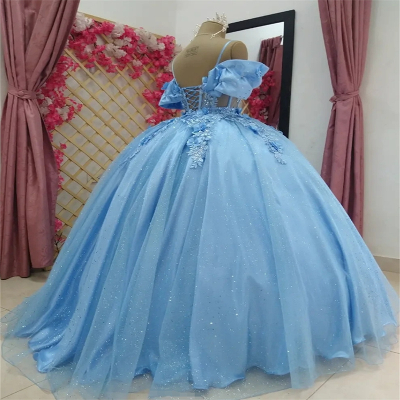 Baby Blue Vestidos De 15 Quinceanera Princess Appliques Lace Beaded Ball Gown Prom Dress Elegant Cinderalle Sweet 16 Dress Birthday Occasion Vestio De