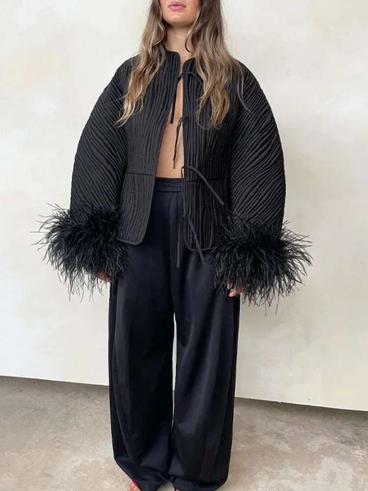 Fashion Solid Loose Spliced Feather Cuffs Lace Up Cotton Coat Streetwear O Neck Long Sleeves Jacket 2024 Autumn Winter Jackets