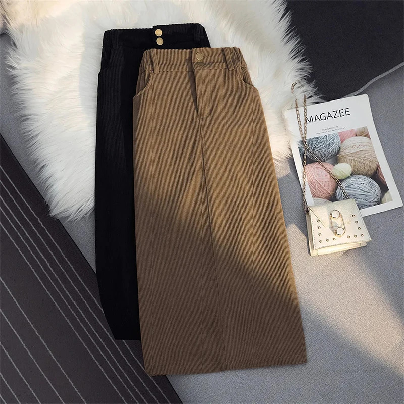 Korean Corduroy Skirts Women High Waist Pocket Autumn Winter Slim WrapAround Dress Elegant Fashion Casual Solid Lady Skirt 250106