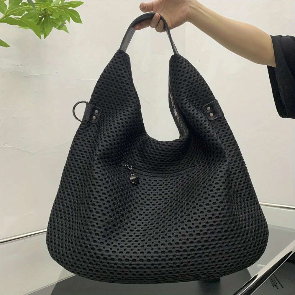 Retro Mesh Handbag Capacity Fashion Black Shoulder Punk Style Rivet Stray Large Women's Bag